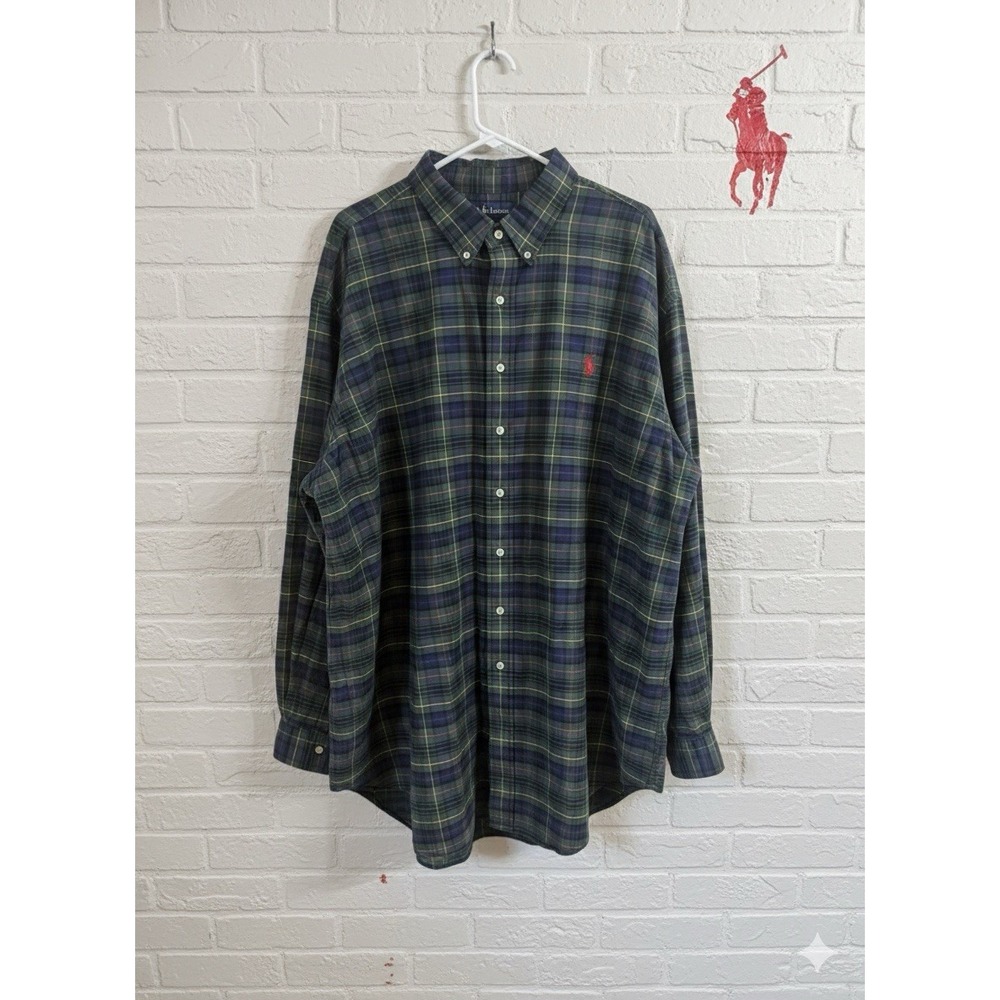 🔥Ralph Lauren 🤑Polo Shirt 3XLT Plaid Button Down Long Sleeve Green Blue Pony